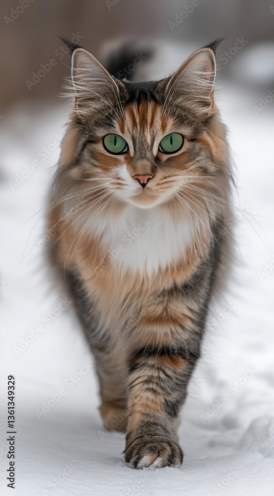 Majestic longhair cat walking in snow. Majestic longhair cat walking in snow.