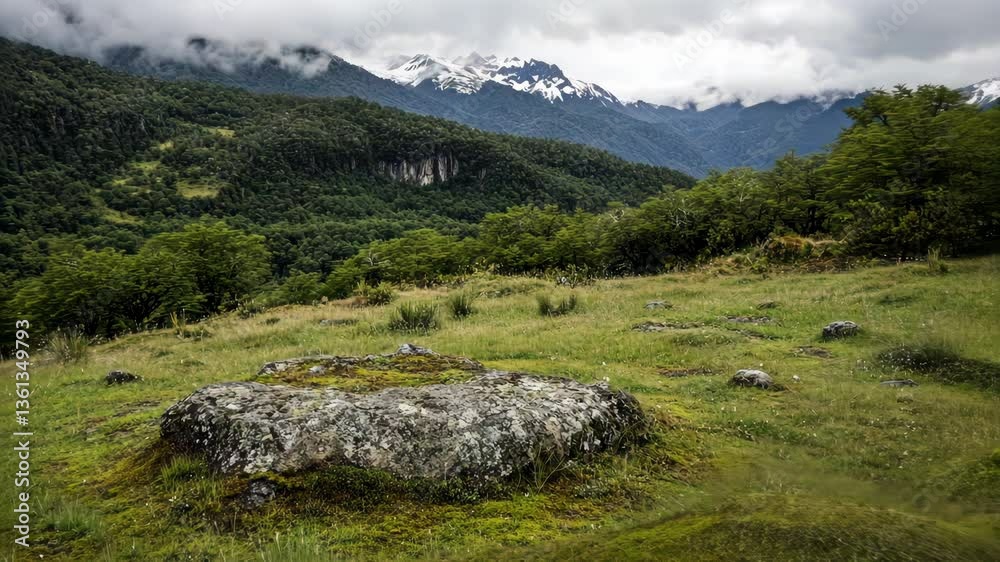 Scenic view of rugged mountains and lush greenery under a cloudy sky in a remote wilderness area Scenic view of rugged mountains and lush greenery under a cloudy sky in a remote wilderness area