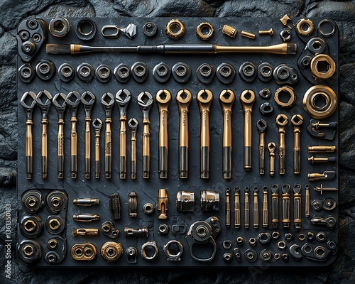 Organized gold and black tools on dark stone background