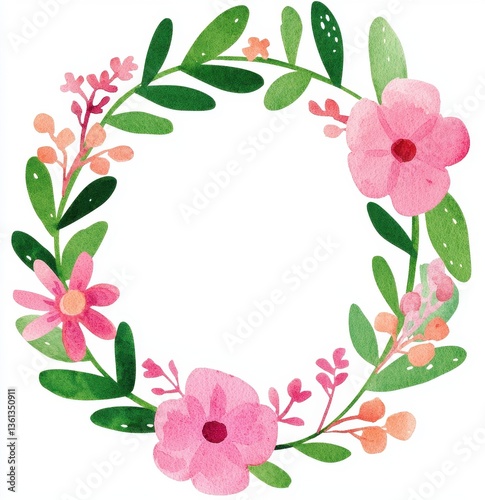 Vibrant Floral Wreath Illustration with Pink Flowers and Green Leaves