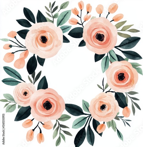 Elegant Floral Wreath with Soft Peach Roses and Green Leaves