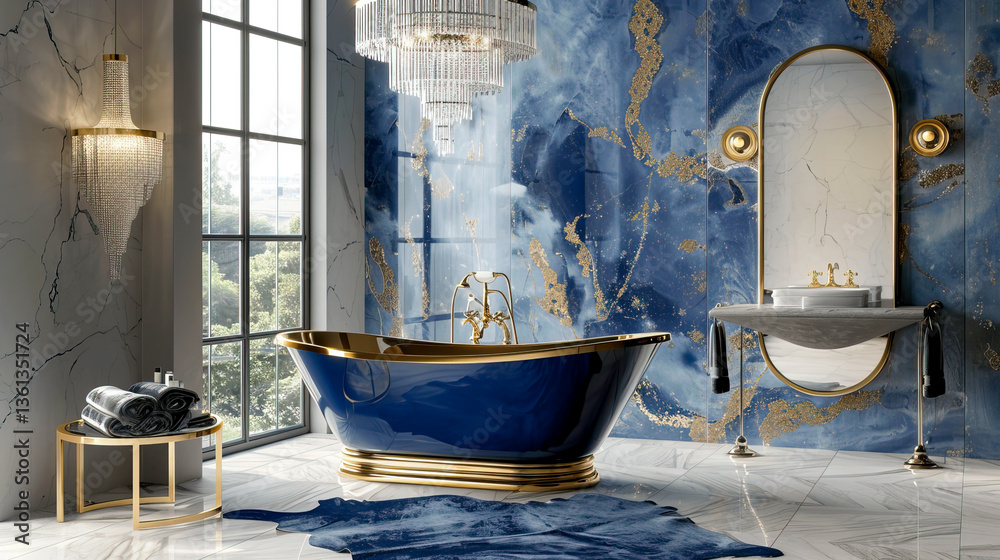 Obraz premium Elegant Blue Bathroom with Luxurious Fixtures and Decor