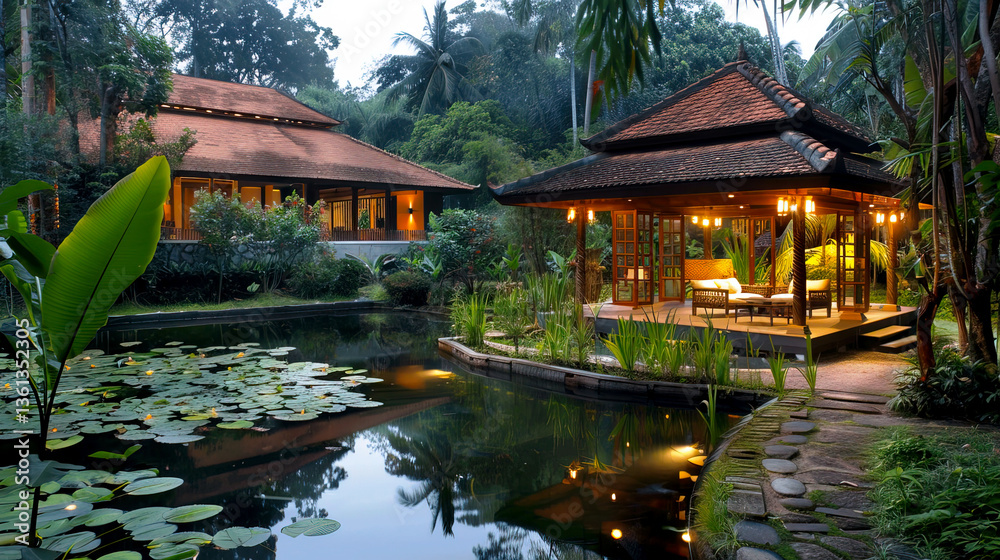 Serene Tropical Retreat with Pond and Lush Greenery at Dusk Serene Tropical Retreat with Pond and Lush Greenery at Dusk