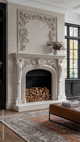 Ornate Cream Fireplace in Modern Home with Fall Decor