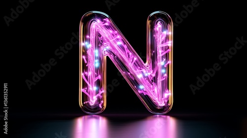 Glowing Neon Letter N: 3D Render on Dark Background AI Generated
