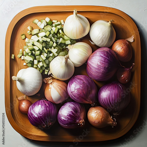 Garlic, onion and Spanish red onion on a wooden plate photo