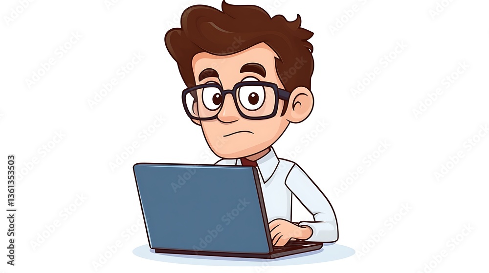 Focused Cartoon Man Working on Laptop, Digital Illustration AI Generated Focused Cartoon Man Working on Laptop, Digital Illustration AI Generated