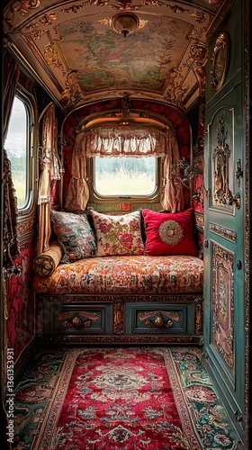 Ornate vintage carriage interior with plush seating and scenic view