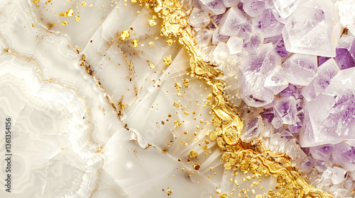 Luxurious marble texture with gold accents and purple crystals, perfect for backgrounds, decor, or design inspirations.