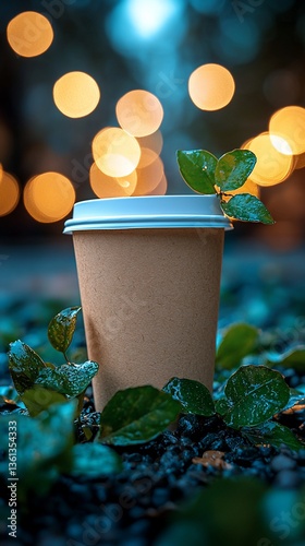 Outdoor Coffee Cup with Leaves at Night