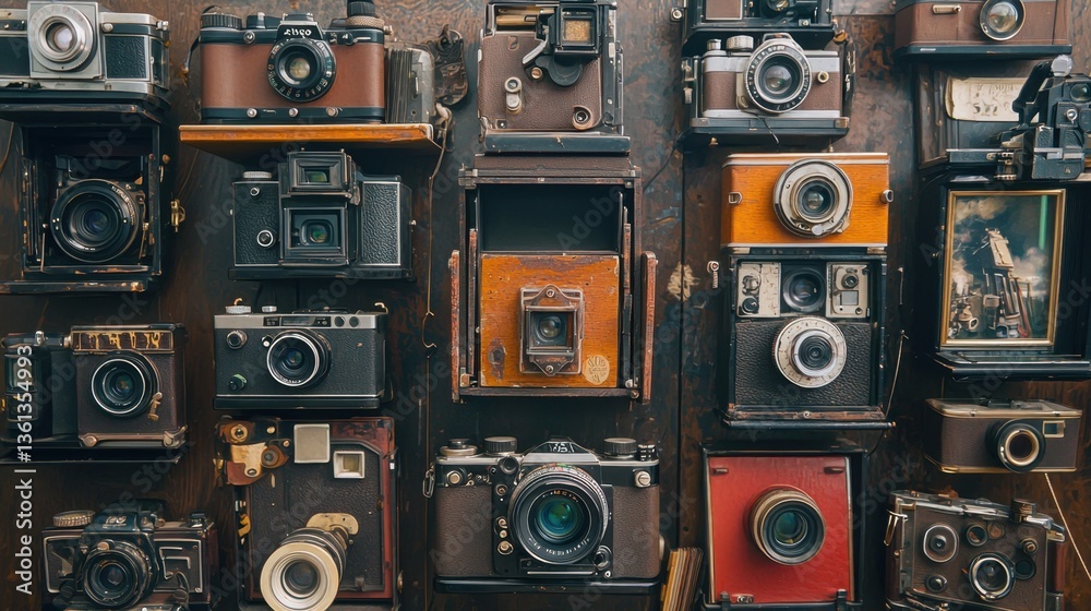 Obraz premium A collection of vintage cameras displayed on a rustic shelf, showcasing their classic design and historical significance in photography.