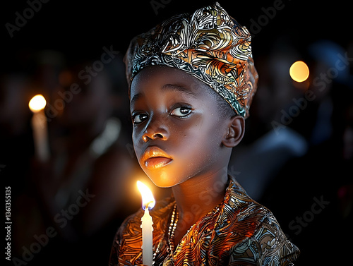 Portrait of a Young African Boy Holding a Candle in Low Light