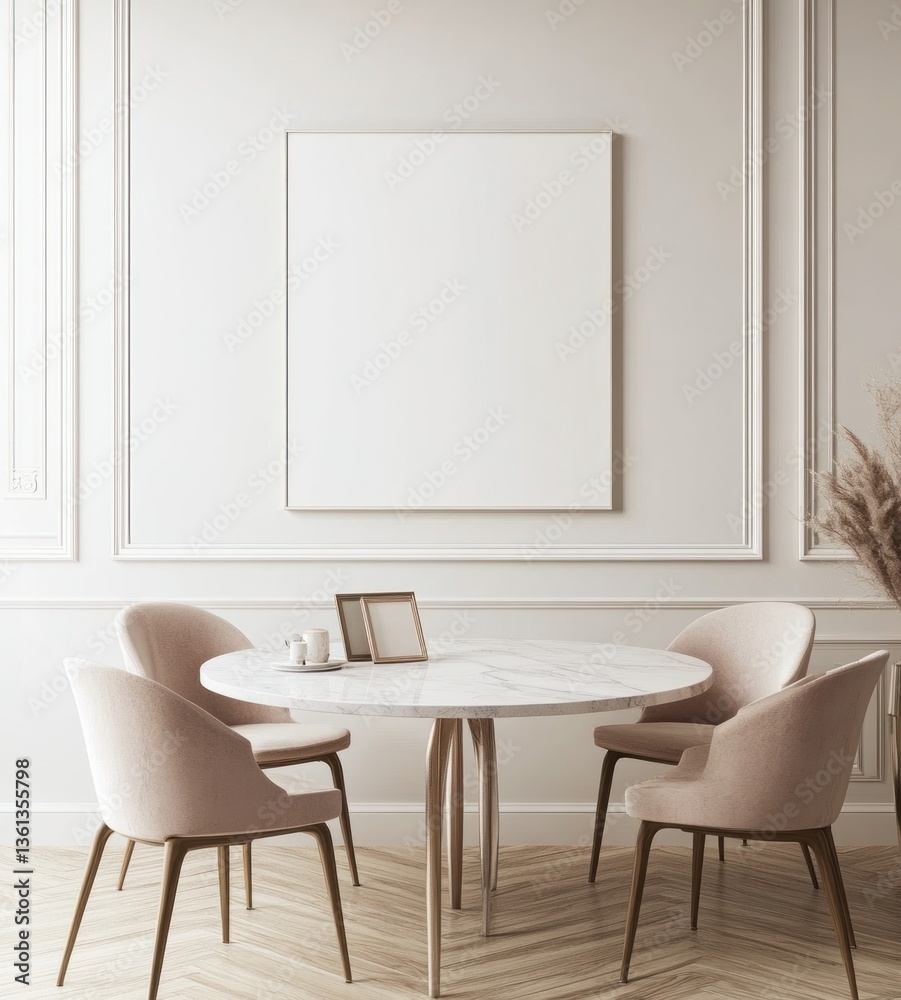 Fototapeta premium Minimalist dining room with round marble table, pink chairs, and blank canvas.