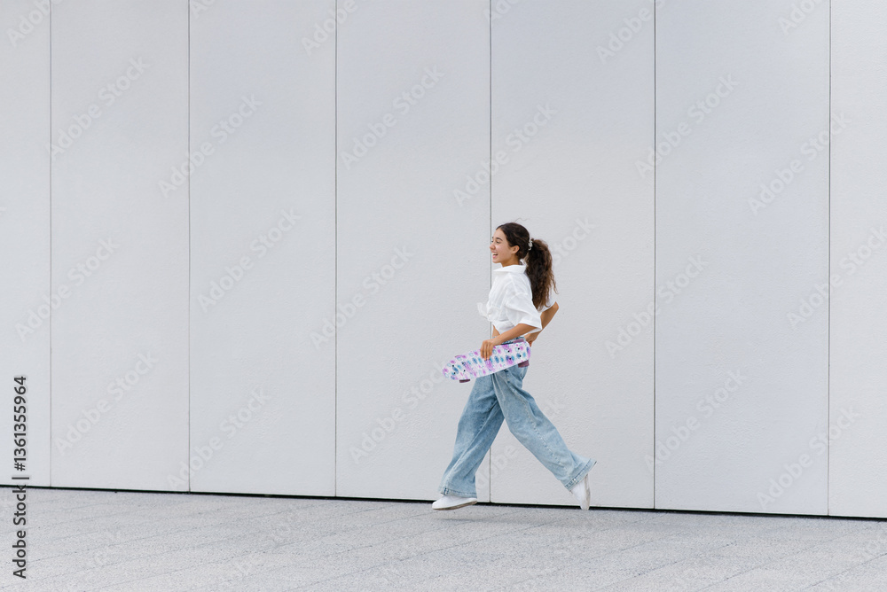 Teen Girl Jumping With Skateboard Near Modern Plaza