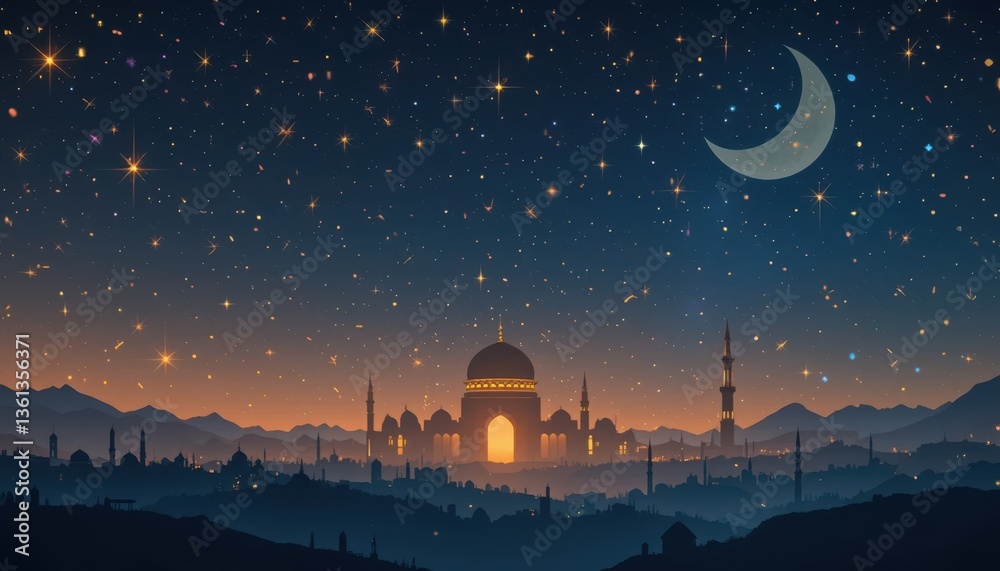 Obraz premium night landscape with moon mosque eid Mubarak greeting card background