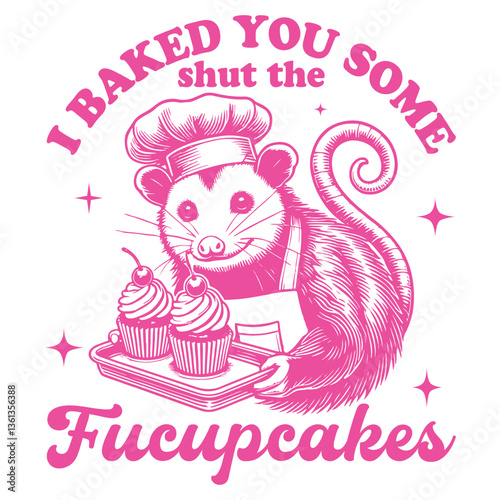 I Baked You Some Shut The Fucupcakes Opossum Hilarious Typography T-shirt Vector, Funny Animal Vintage Design Sublimation, Funny Opossum Illustration

