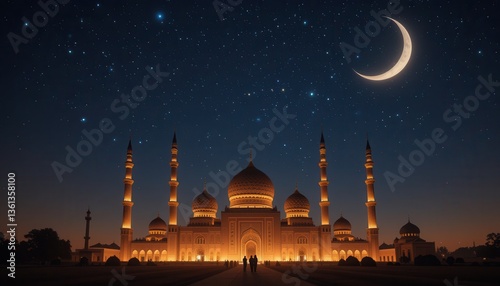 mosque in night mosque eid Mubarak greeting card background