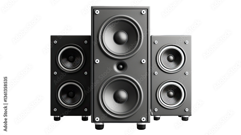 Fototapeta premium Harmony of Sound: A set of modern black speakers ready to deliver dynamic audio, illustrating sound technology with clarity.