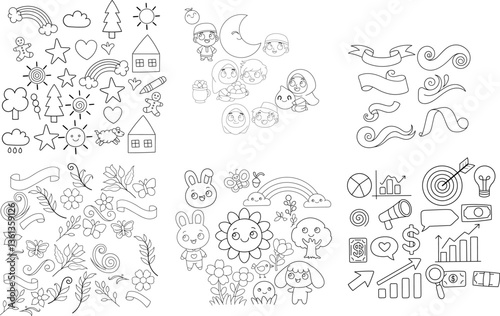 Large Collection of Hand Drawn Vector Doodle Icons for Kids Nature Business and Celebration Design Projects