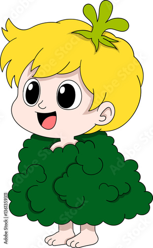 Cute Cartoon Kid Character Wearing Green Bush Costume with Leaf Headpiece for Nature and Playful Themes
