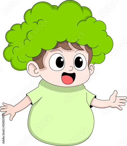 Funny Cartoon Boy Character Wearing Green Broccoli Costume with Cheerful Expression for Kids and Food Education