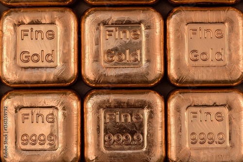Gold Bars Displayed with High Purity Markings on Smooth Surface
