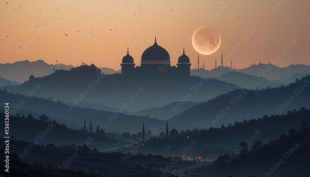 Obraz premium sunrise in the mountains mosque eid Mubarak greeting card background
