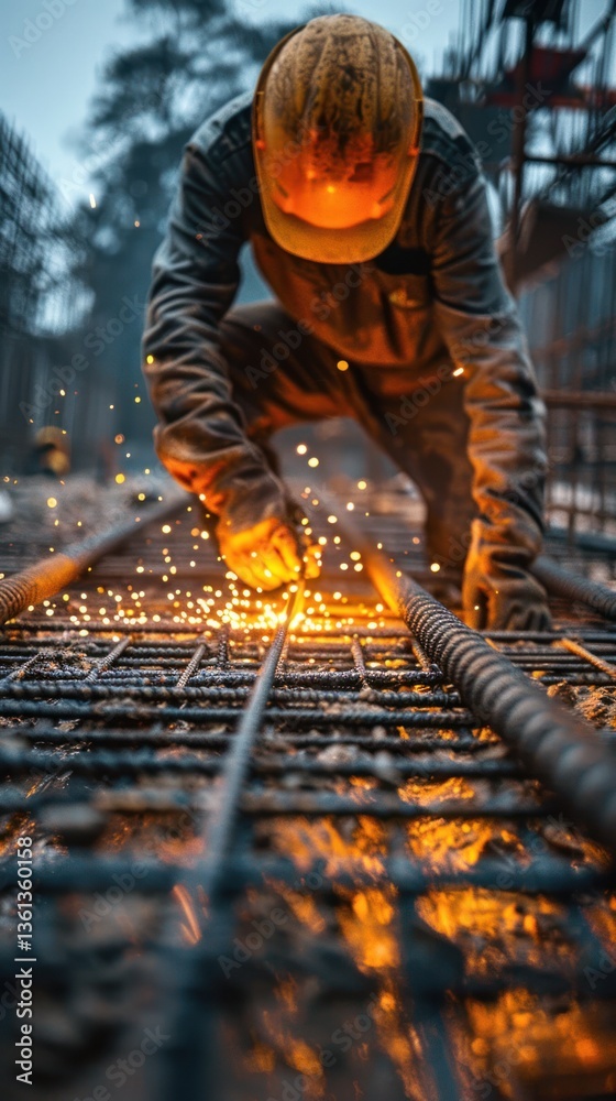 Construction worker welding steel reinforcement in a railway track project, sparks flying Construction worker welding steel reinforcement in a railway track project, sparks flying