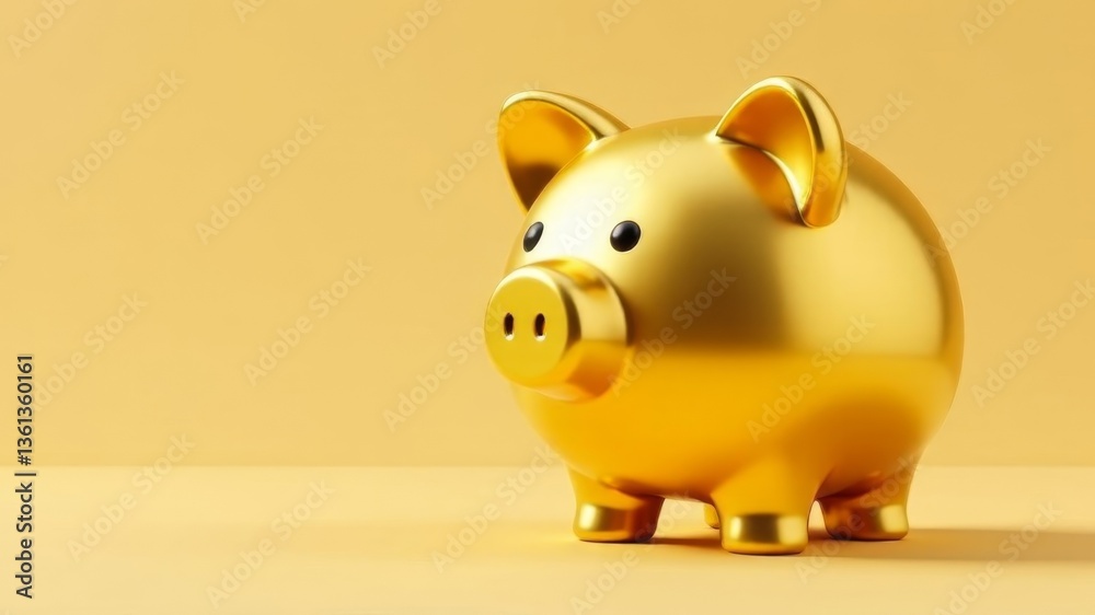 golden piggy bank stands on yellow background. concept of saving money golden piggy bank stands on yellow background. concept of saving money