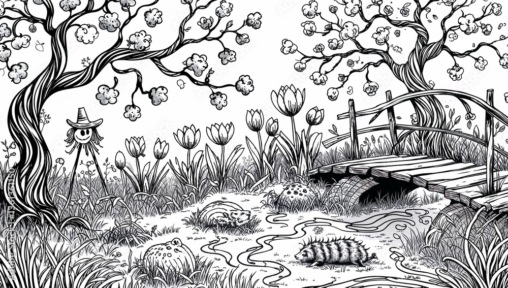 Obraz premium Whimsical nature scene depicting trees, flowers, and a bridge 