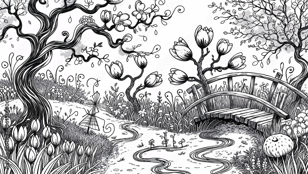Naklejka premium Black and White Illustration of a Serene Garden Landscape 
