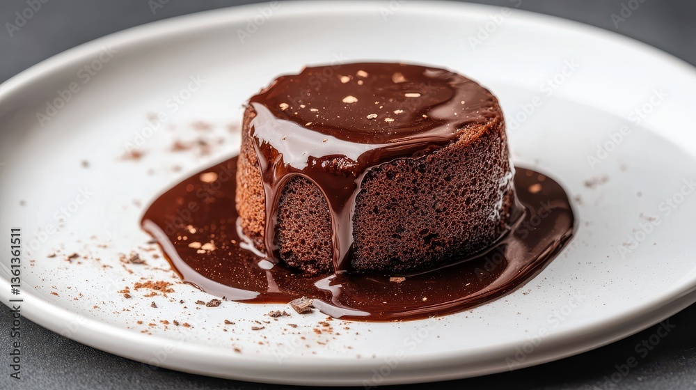 Decadent molten chocolate cake served on a white plate, gooey chocolate sauce dripping on a dark background Decadent molten chocolate cake served on a white plate, gooey chocolate sauce dripping on a dark background