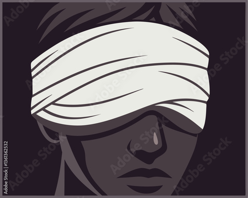 A person with a white blindfold covering their eyes in a conceptual design.
