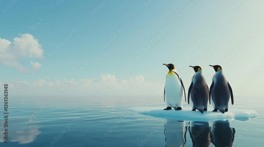 Fototapeta premium Three Elegant Penguins Standing on Ice with Calm Ocean Background