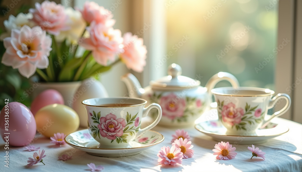 Elegant Spring Tea Party Setting with Floral China and Easter Eggs Elegant Spring Tea Party Setting with Floral China and Easter Eggs