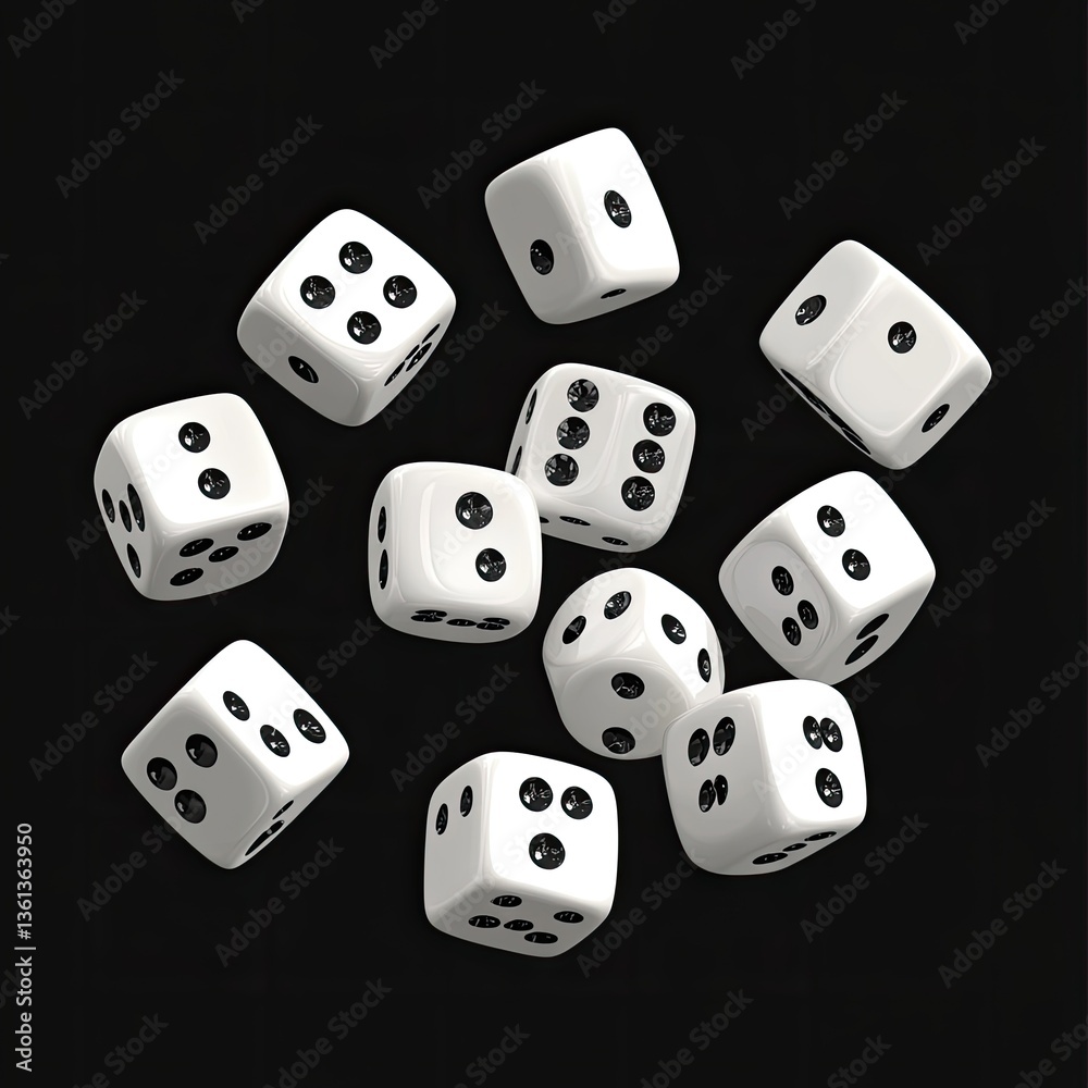 3D vector illustration of white dice in different angles and positions, including top view, side view, and front view, against a white background, 3D vector illustration of white dice in different angles and positions, including top view, side view, and front view, against a white background,