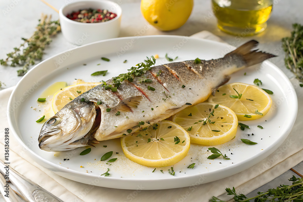 Grilled trout with lemon served on a plate with fresh vegetables Grilled trout with lemon served on a plate with fresh vegetables