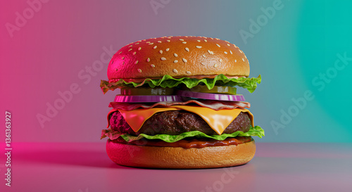 A juicy cheeseburger stacked with lettuce, pickles, onions, cheese, and a beef patty, set against a vibrant pink and teal gradient background, highlighting its mouthwatering appeal.