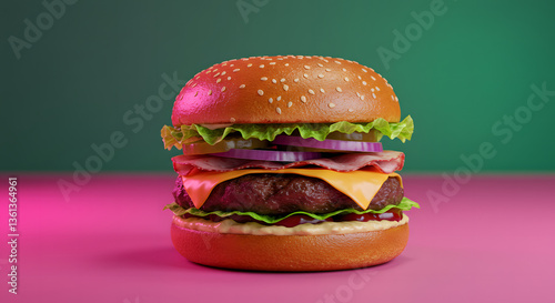 A juicy cheeseburger stacked with lettuce, pickles, onions, cheese, and a beef patty, set against a vibrant pink and teal gradient background, highlighting its mouthwatering appeal.