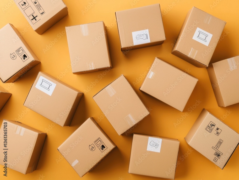 Fototapeta premium Collection of Cardboard Boxes on Bright Yellow Background