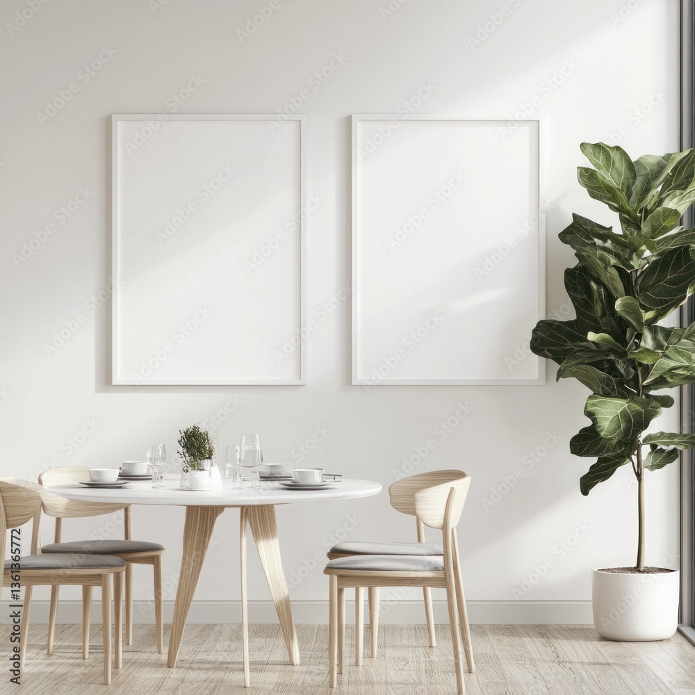 Minimalist dining room with two empty frames, round table, chairs, and fiddle leaf fig. (1) Minimalist dining room with two empty frames, round table, chairs, and fiddle leaf fig. (1)