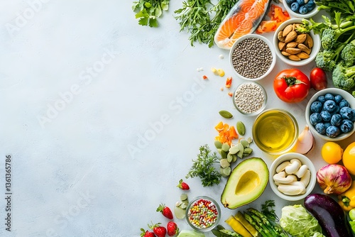 wellness trends concept Colorful array of fresh ingredients arranged neatly on a light background, emphasizing healthy food options.