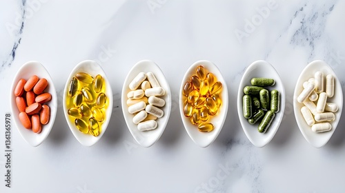 wellness trends concept Assorted vitamins and supplements arranged in elegant bowls on a marble surface.