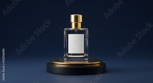 A luxurious perfume bottle with a blank label and golden cap is elegantly displayed on a black and gold podium against a dark blue background, evoking sophistication and exclusivity.