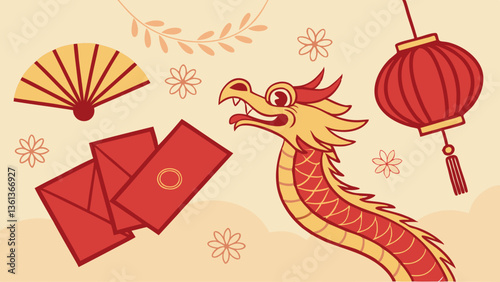 Chinese New Year of the dragon festival concept. Mandarin orange, red envelopes, dragon and gold ingot with red paper fans. Traditional holiday lunar New Year. 