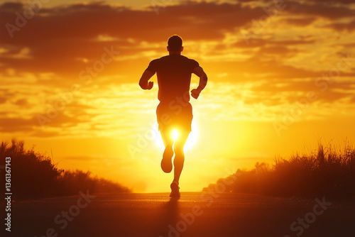 Overcome Stamina Breakthrough, an ultra-marathon runner silhouetted against a sunrise, pushing forward despite exhaustion, raw and emotional