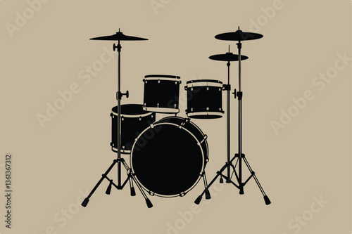 drums musical instruments Black white drum set silhouette vector Style illustration