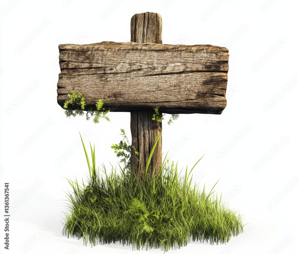 Naklejka premium Rustic wooden signpost surrounded by lush grass nature scene outdoor environment peaceful setting