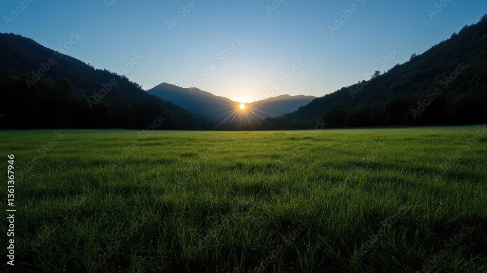 Fototapeta premium Sunrise over a meadow nestled between mountains. Lush green grass stretches towards a vibrant sunrise, piercing through the mountain peaks. Gentle morning light bathes the valley