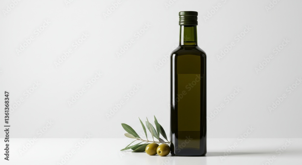 Naklejka premium Green Olive Oil Bottle with Olives and Branch on White Background